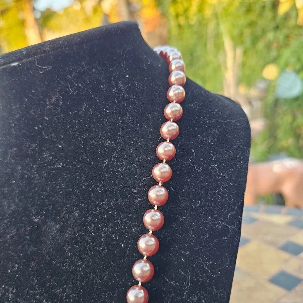 Vintage Mid Century Rose Gold Glass Faux Pearl Necklace